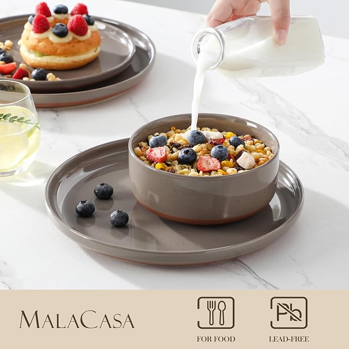 MALACASA Plates and Bowls Sets, 18 Pieces Modern Ceramic Dinnerware Set for 6 Kitchen Dinner Set Stoneware Dishware Dishes Set Microwave and Dishwasher Safe, Brown, Series TARA - Image 3