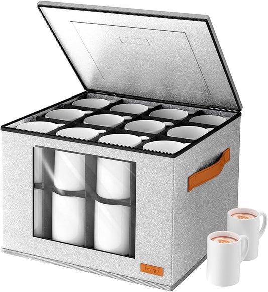 Foyego Cup and Mug Storage Box with 24 Dividers, Light Grey, 2-Layer | with Lid, Visible Window, Soft Handles, for Packing and Moving, Stackable Storage Containers for Coffee Mug Cups and Glasses by Foyego