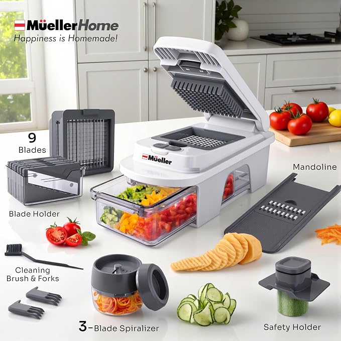Mueller Pro-Series All-in-One, 12 Blade Mandoline Slicer for Kitchen | Spiralizer, Food Chopper, Vegetable Slicer, Cutter, Dicer, Grater, Kitchen Gadgets with Container, White Sand/Gray - Image 6