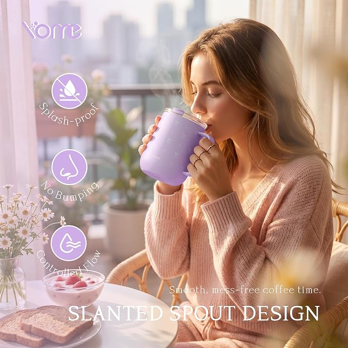 YOME 10oz Bow Light Purple Insulated Coffee Mug with Handle for Women | Ceramic Lined Coffee Mug with Splash-Resistant Lid| Pure Taste Stainless Steel Coffee Cup | Easy to Clean | Keeps Drinks Cold - Image 2
