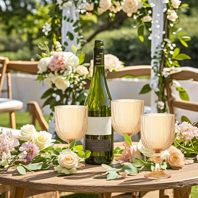 12 Pcs Vintage Wine Glasses, 11 Ounces Colored Glass Water Goblets, Colorful Unique Embossed Pattern High Clear Stemmed Glassware Wedding Party Bar Glass Drinking Cups Vertical Line Amber Set of 12 - Image 3