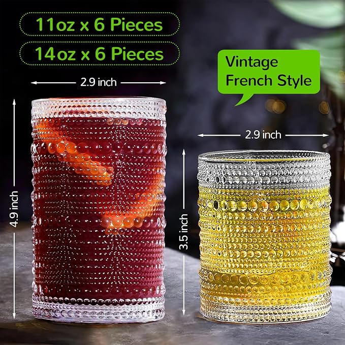 Vintage Hobnail Drinking Glasses Set of 12-14 oz Old Fashioned Water Glass Cups & 11 oz Cocktail Glasses, Aesthetic Kitchen Bar Tumbler Glassware Gifts Sets for Smoothie, Juice, Coffee, Wine - Image 2