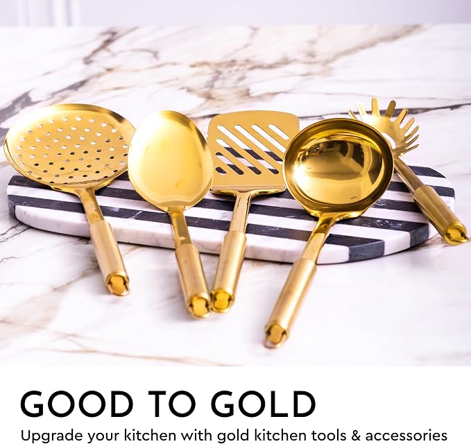 Styled Settings Gold Cooking Utensils Set, 5-Piece | Stainless Steel Kitchen Tools for Modern Cooking and Serving - Ladle, Spoon, Spatula, Pasta Fork - Brass Kitchen Accessories - Image 4