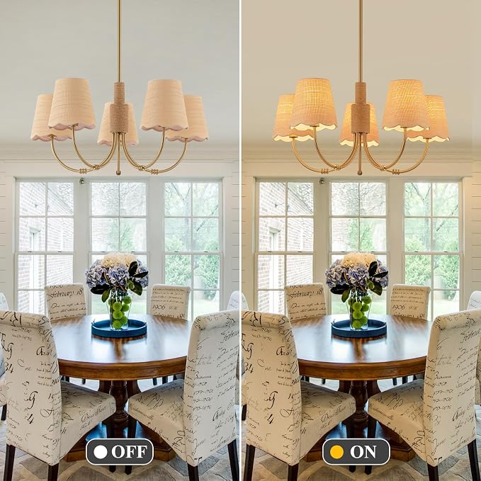 Boho Rattan Chandelier with Fabric Shade, Antique Gold Brass Farmhouse Chandeliers, 5-Lights Coastal Gold Pendant Light Fixtures for Dining Room Kitchen Island Living Room Hemp Rope - Image 7