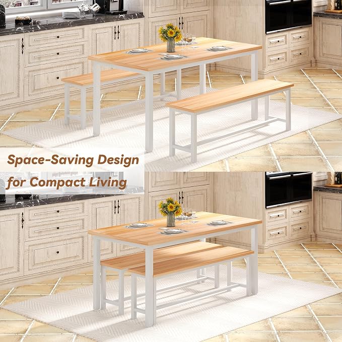 Recaceik Dining Table Set for 4 Kitchen Dining Room Set with 2 Dinner Benches, Farmhouse Breakfast Table for Apartment Small Space, Easy Assembly - Image 5