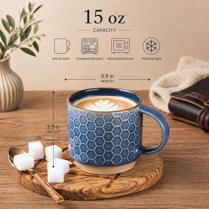 GBhome 15 OZ Stackable Coffee Mugs Set of 4, Ceramic Coffee Cups Set | 4 Assorted Designs, Embossed Mugs with Texture Patterns for Tea/Coffee, Dishwasher&Microwave Safe, Blue - Image 3