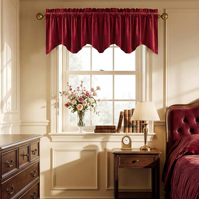 Red Christmas Window Valance 52x18 Inch 1 Panel | Thick Velvet Cafe Curtains with Wavy Edge, Vintage Privacy Small Window Treatment for Dining Room, Kitchen Decor by StangH