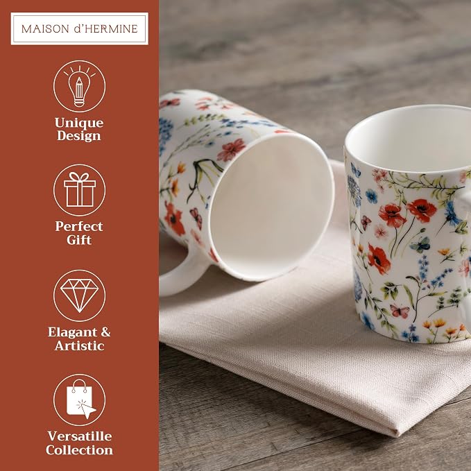 Maison d' Hermine Coffee Mug with Handles Tea Cups (15 Ounce, Pack of 2) | Fine Bone China Coffee Mugs for Hot Beverages Cappuccino Latte Home Restaurant Hotel Spring Summer -Just Floral - Image 2
