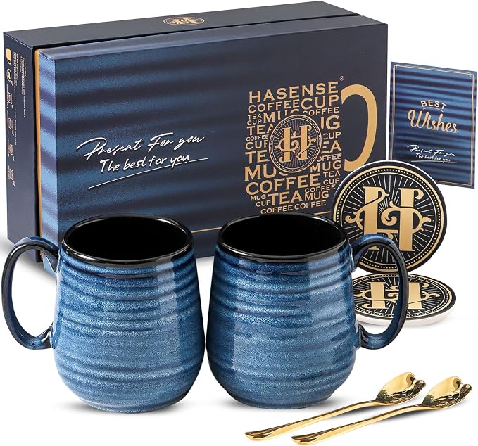 HASENSE Coffee Mugs Gift Set, 20 oz Ceramic Coffee Cups for Men and Women, Premium Large Tea Cups Gift Box with Coaster & Gold Spoon, Blue Couple Mugs for Wedding Holiday by Hasense