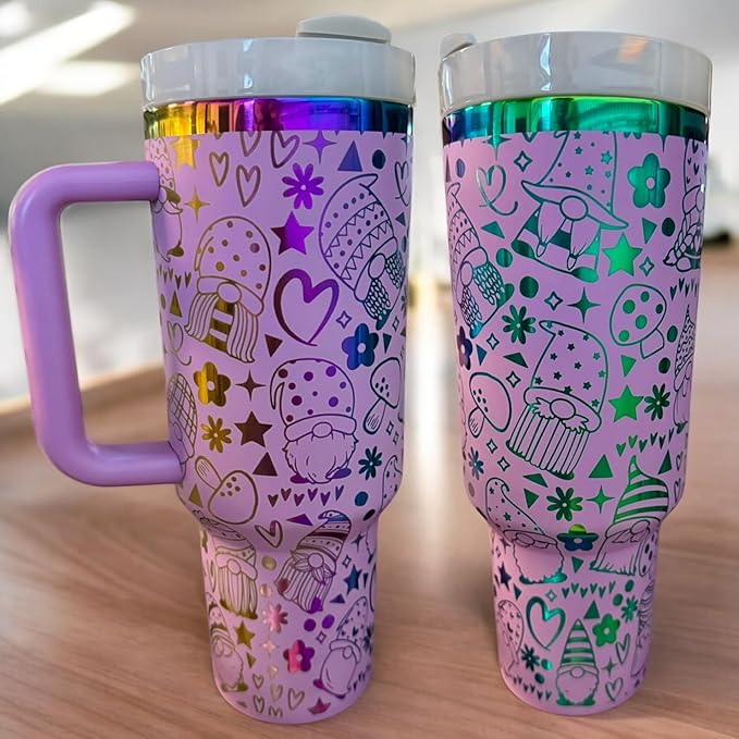Western Engraved 40oz Tumbler, Tumbler with handle, Cowgirl Tumbler, Country Mug with Handle (Purple/Rainbow(27)-Gnomes(Y))