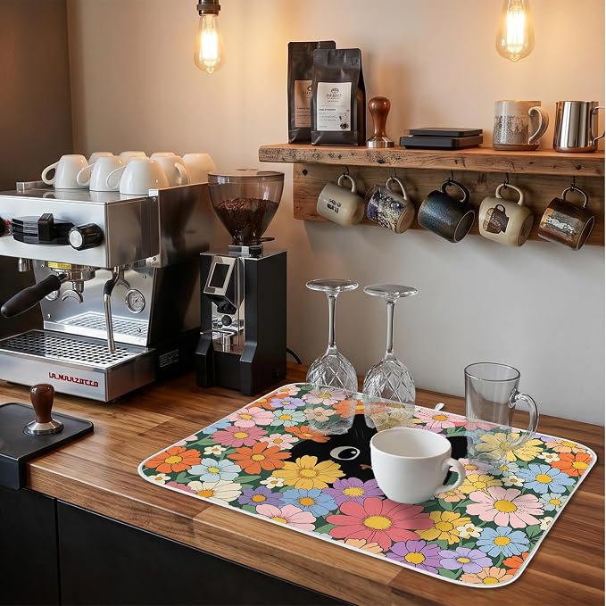 Black Cat Floral Dish Drying Mat for Kitchen Counter Coffee Bar 18x24 in | Non Slip Absorbent Kitchen Dishes Drainer Mat, with Anti-slip Rubber Backing & Hanging Loop, Decor for Sink, Cat Theme Gifts - Image 6