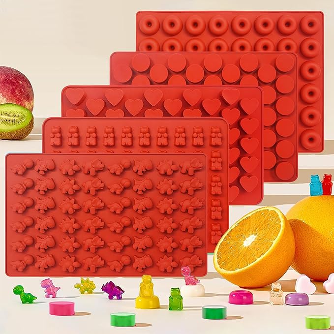 Gummy Bear Mold Silicone for Gummies Candy,5Pcs Gummy and Chocolate Molds Silicone for Kid Including Mini Bear, Dinosaur, Round, Hearts,Donut with 2 Droppers