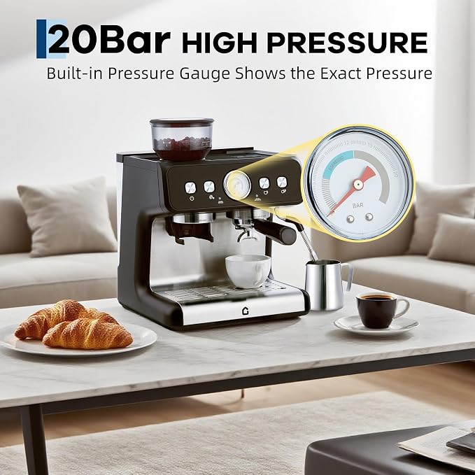 Deluxe Espresso Machine with Double Boiler, Built-in Burr Grinder | 30 Grind Settings, 2.8L Removable Tank, Use Milk Frother and Brew Espresso Simultaneously, Coffee Maker Steam Wand, Silvery - Image 2