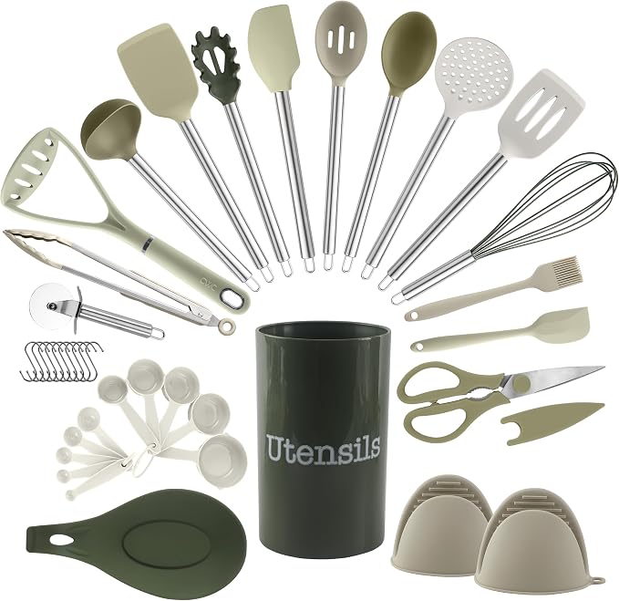 COOK WITH COLOR Silicone Cooking Utensils, Kitchen Utensil Set, Easy to Clean Silicone Kitchen Utensils, Cooking Utensils for Nonstick Cookware, Kitchen Gadgets Set, 38 Piece, Green by CookwithColor