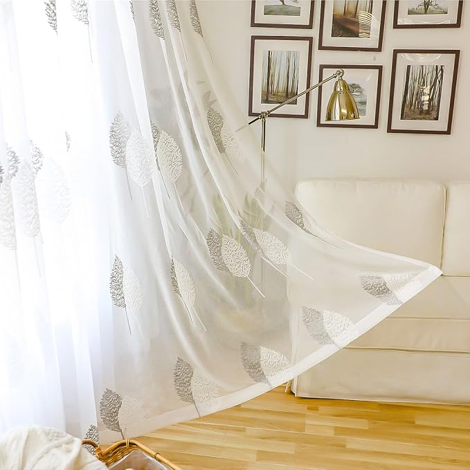 Rod Pocket Sheer Curtains Elegant Embroidered Banyan Leaves Design White Window Drapes/Panels for Living Room, 54 x 84,Two Panels by VOGOL