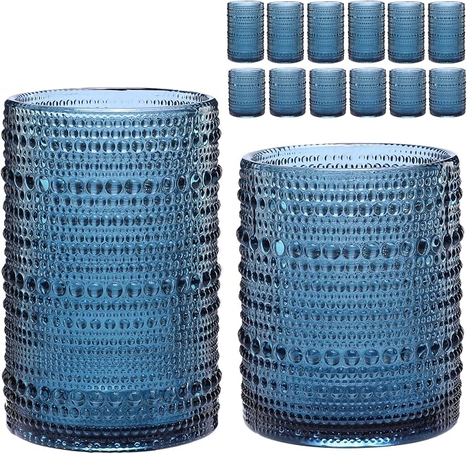 ZMOWIPDL Drinking Glasses Set of 12,Blue 12oz & 15oz Hobnail Glass Cups | Vintage Glassware，Embossed Water Tumbler,for Beer,Cocktail,Whiskey,Juice and Various Mixed Drinks- 1 Cleaning Brush by ZMOWIPDL