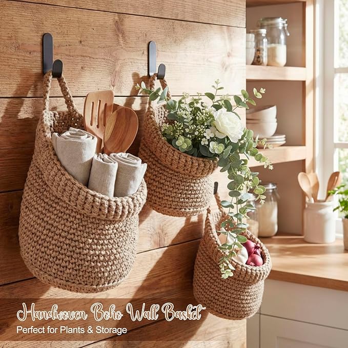 Honeydak Boho Decor Hanging Wall Baskets for Kitchen 3 Pack Teardrop Baskets with Hooks Storage Fruit Onion Vegetable Potato for Home 3 Sizes(Light Linen,Barrel,Cotton Rope) - Image 4