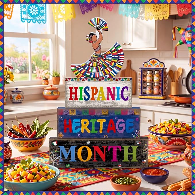 Moucuny 4 Pcs Hispanic Heritage Month Table Decorations Colorful Wooden Dancer Stacked Blocks Decor Latino Heritage Month Decorations Spanish Centerpieces Decor for Home Office Table Tiered Tray - Image 7