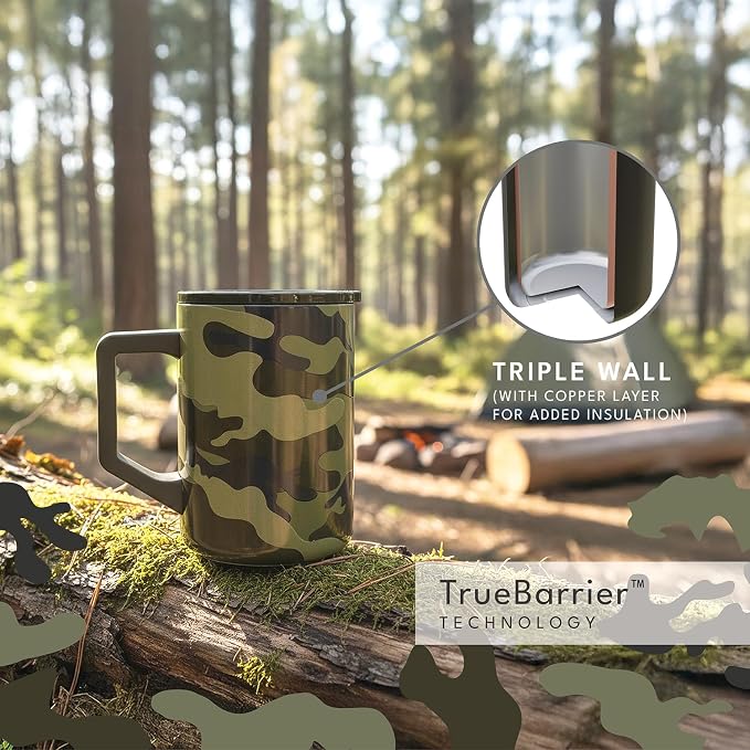 Elemental Insulated Coffee Mug - Triple-Wall Stainless Steel Summit Travel Cup for Hot and Cold Drinks - Thermal Coffee Mug with Lid and Handle for Camping, Office & Travel 16oz - Dark Green Camo - Image 7