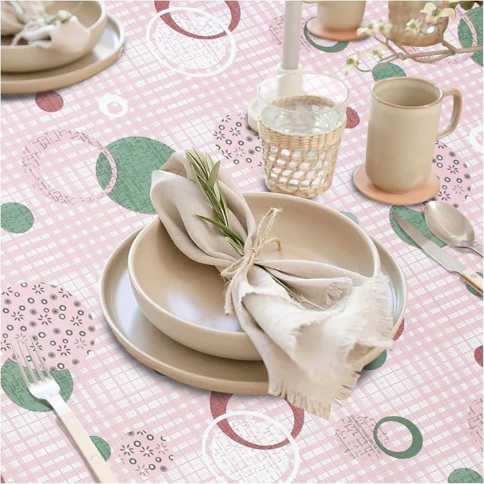 FIFTY FEET 84 * 60 Inch Rectangle Tablecloth, Vinyl Tablecloth with Flannel Backing for Rectangle Tables, Spill Proof Plastic Picnic Table Cover for Dining/Camping/Indoor/Outdoor(Pink Plaid) - Image 2