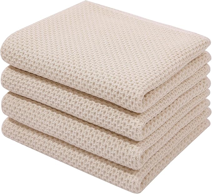 Homaxy 100% Cotton Waffle Weave Kitchen Dish Towels 4-Pack, Beige | 13 x 28 Inches, Ultra Soft Absorbent Dish Towels, Quick Drying Cleaning Towels by Homaxy