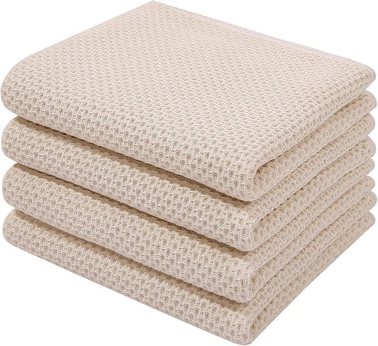 Homaxy 100% Cotton Waffle Weave Kitchen Dish Towels 4-Pack, Beige | 13 x 28 Inches, Ultra Soft Absorbent Dish Towels, Quick Drying Cleaning Towels by Homaxy