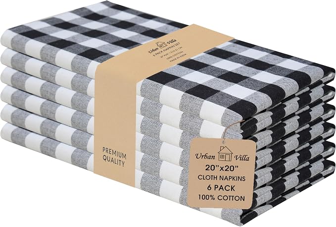 Urban Villa Cloth Napkins Cotton 20x20 (Set of 6) Black Cheks by CottonTrends