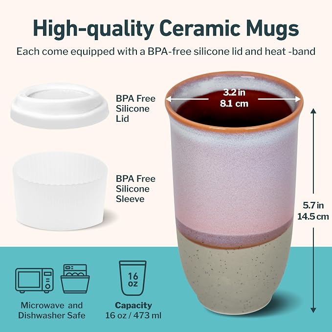 NOVA CERAMICS Coffee Travel Mug – Reusable To Go Mug – Microwave & Dishwasher Safe White & Purple Tumbler - Gifts For Women Men Him Her – 16oz – Horizon - Image 3