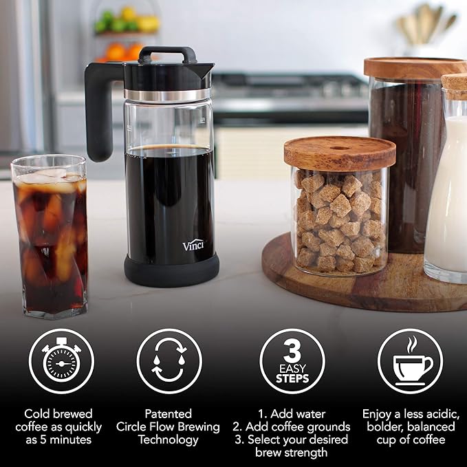 VINCI Express Cold Brew, Electric Cold Brew Coffee Maker in 5 minutes, 4 Brew Strength Settings & Cleaning Cycle, Easy to Use & Clean, Glass Carafe, Cold Brewer for Iced Coffee, 1.4 L Dial Control