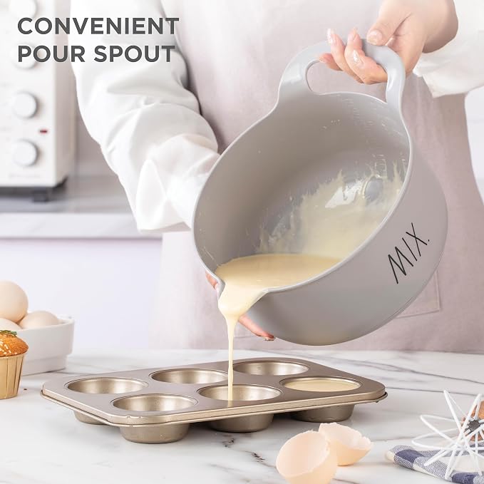 Rae Dunn Non-Slip Mixing Bowls - 4 Piece Nesting Plastic Mixing Bowl Set with Pour Spouts and Handles-Measurement Markings (Grey) - Image 2