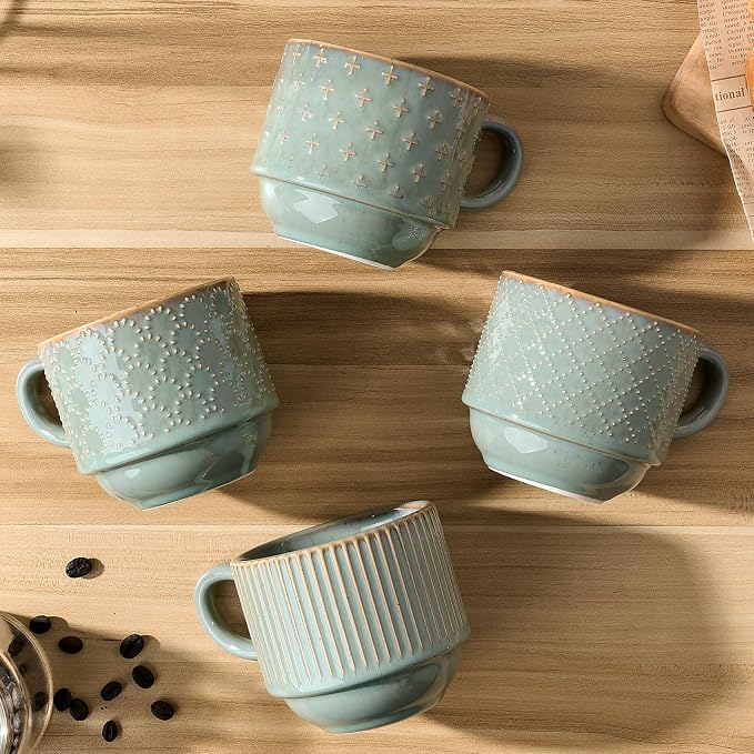 JIEMEI HOME Large Ceramic Coffee Mug Set of 4 with Stand, 15 Oz Stackable Embossment Ribbed Latte Cup Set for Cappuccino, Latte, Tea, Hot Cocoa, Drinks - Dishwasher & Microwave Safe, Vintage Turquoise - Image 6