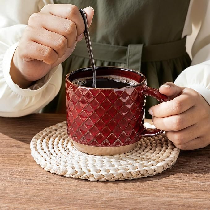 GBhome 15 OZ Stackable Coffee Mugs Set of 4, Ceramic Coffee Cups Set | 4 Assorted Designs, Embossed Mugs with Texture Patterns for Tea/Coffee, Dishwasher&Microwave Safe, Burgundy - Image 4
