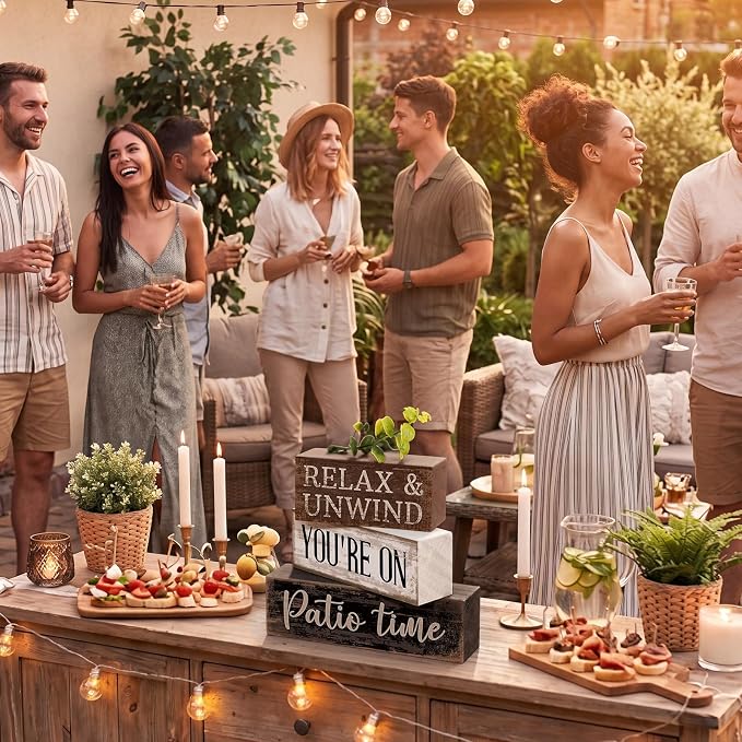 Moucuny 4 Pcs Farmhouse Table Decor Rustic Patio Stacked Wooden Decor - "Relax & Unwind You're on Patio Time" Sign with Greenery Topper for Home Porch Yard Shelf Fireplace Tiered Tray Decoration - Image 6