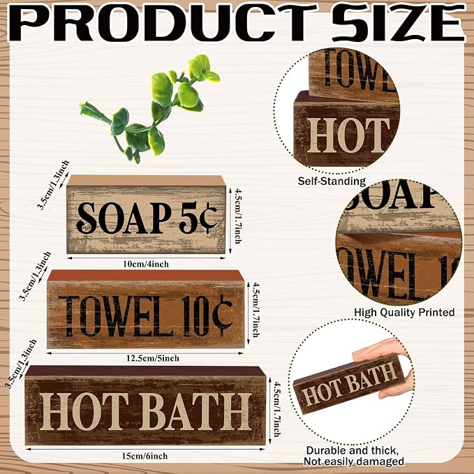 Moucuny 4 Pcs Bathroom Shelf Decor Sign Farmhouse Bathroom Decor and Accessories Rustic Eucalyptus Leaves Wood Block Sign Gifts Farmhouse Table Centerpiece for Hotel Country Campsite Washroom Toilet - Image 2