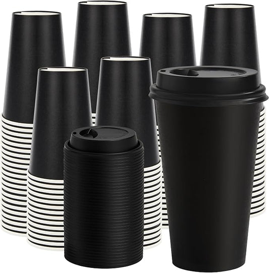 16 oz Paper Coffee Cups with Lids 100 Pack, Black Disposable Hot Coffee Cups with Lids, To Go Cups, for Parties, Picnic, Travel, and Events by VPACKDUO