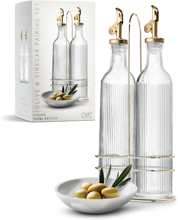 COOK WITH COLOR Glass Olive Oil Dispenser Bottle - 2 Pack, 17 oz Cruet - Elegant Carafe Decanter with Spout for Kitchen, Suitable for Vinegar, Coffee Syrups & Other Liquids by CookwithColor