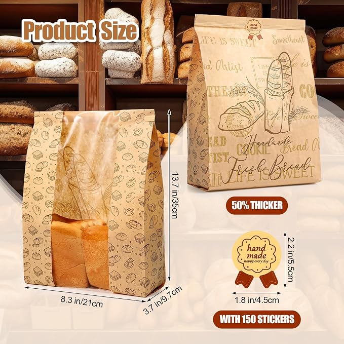 Feifeiya 600 Pack Kraft Paper Bread Bags for Homemade Sourdough Bread Bag with Clear Window 13.7 x 8.2 x 3.5 Large Bakery Packaging for Treat Storage Gift Giving with Seal Sticker - Image 2