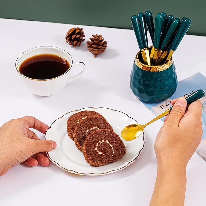 Coffee Spoon Set,Ceramic Jar with 8 Small Spoons for Coffee,Tea,Ice Cream,Cake,Flatware Set (Emerald jar+8 spoons)