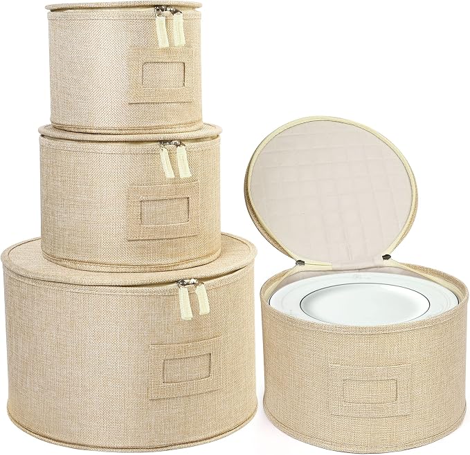 LotFancy China Storage Containers, Hard Shell, 4PCS Set, Dish Saucer Plate Storage Box for Moving, Stackable Dinnerware Organizer Bins with 48 Felt Dividers, Beige - Image 9