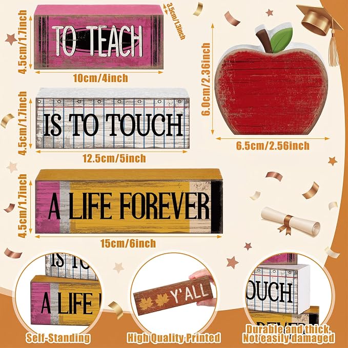 Moucuny 4 Pcs Back to School Table Decorations Retro Red Wooden Apple Decor Back to School Tiered Tray Decor Stacked Blocks Teacher Appreciation Gift Rustic Classroom Pencil Decoration for Office Desk - Image 2