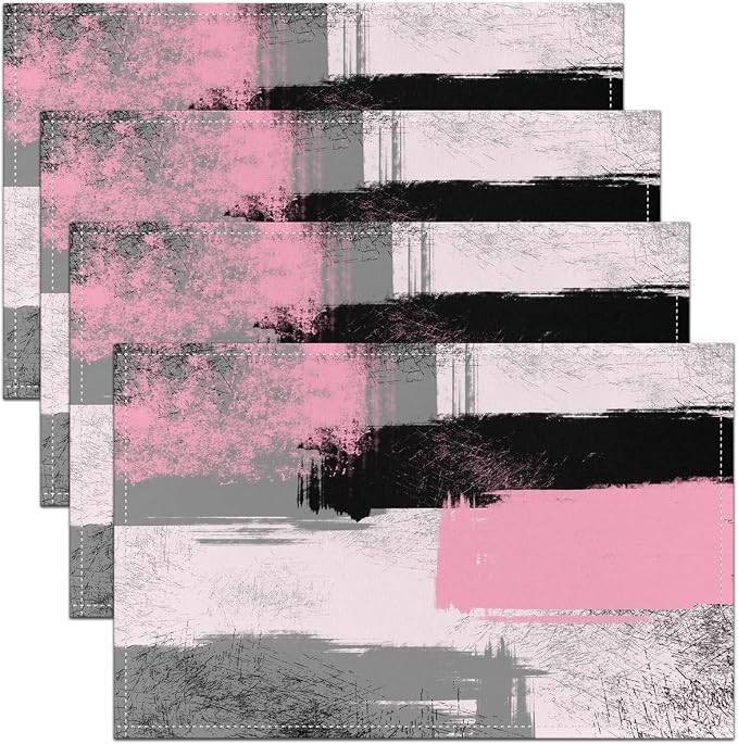 Feelyou Light Pink Black Grey White Placemats Set of 4 for Kids Boys Girls Abstract Placemat for Kitchen Dining Table Decor Indoor Outdoor 18"x12" Ombre Modern Table Place Mats, Decor Buffalo Check by Feelyou