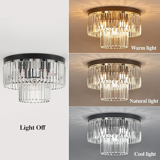 17" 9 Light Black Crystal Ceiling Light for Dining Room | K9 Crystal, Stainless Steel, 2 Tier, E12 Base, Flush Mount, for Kitchen Island Living Room Bedroom Entryway - Image 3