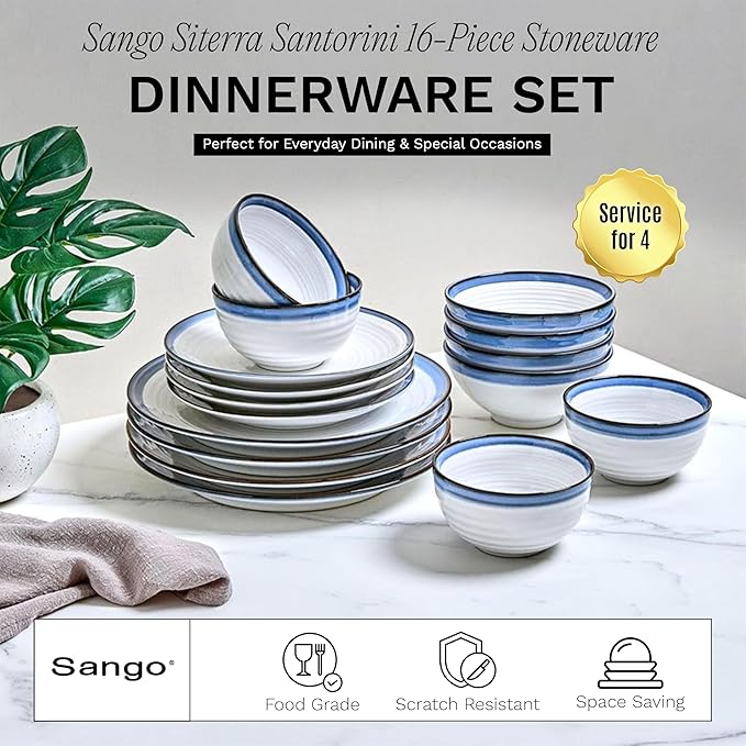 Sango Siterra Santorini 16-Piece Stoneware Dinnerware Set for 4, Ceramic White Plates and Bowls Sets with Blue Rim & Reactive Glaze, Chip Resistant Dish Set, Microwave & Dishwasher Safe Kitchen Dishes - Image 2