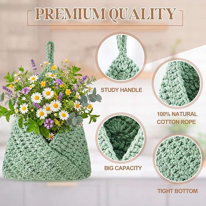 Honeydak Boho Decor Hanging Wall Baskets for Kitchen 3 Pack Teardrop Baskets with Hooks Storage Fruit Onion Vegetable Potato for Home 3 Sizes(Sage Color Palette,Triangle,Cotton Rope) - Image 3