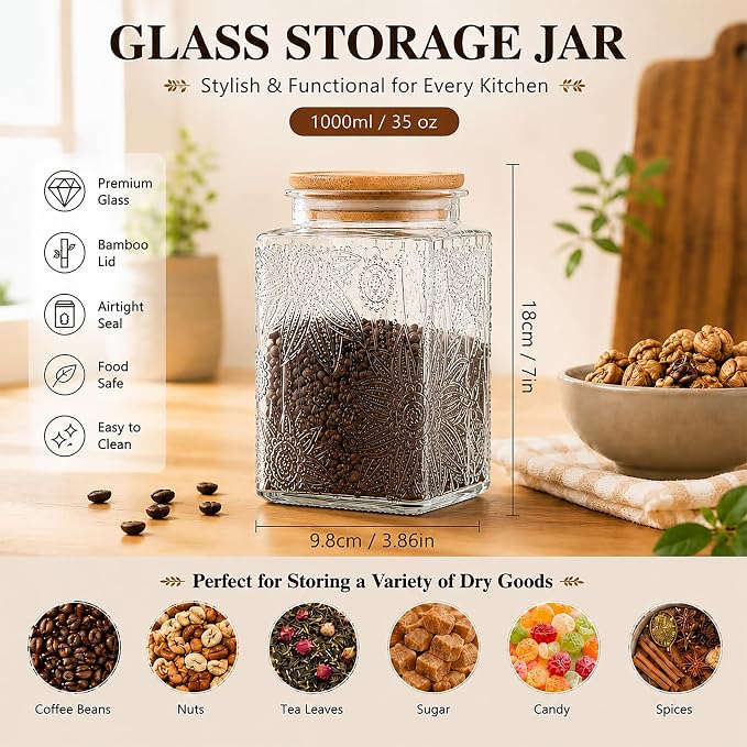 Glass Storage Jars With Airtight Lid, 35oz Canister For Kitchen Counter with Bamboo Lid, brown sugar, candy, coffee, cookie, salt, tea,pantry cute Jar (Large Square Sunflower) - Image 4