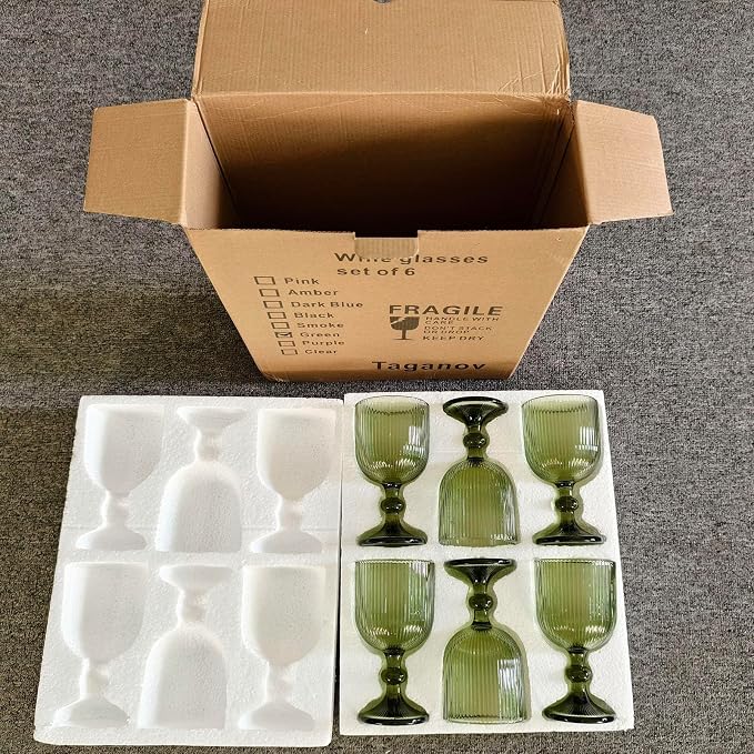 Taganov Green Drinking Glasses set of 6 Big Wine Goblets Vintage Colored Glassware 13 oz for Wedding Party Bar Vertical Line Embossed Pattern Stemmed Cups 400ml - Image 6
