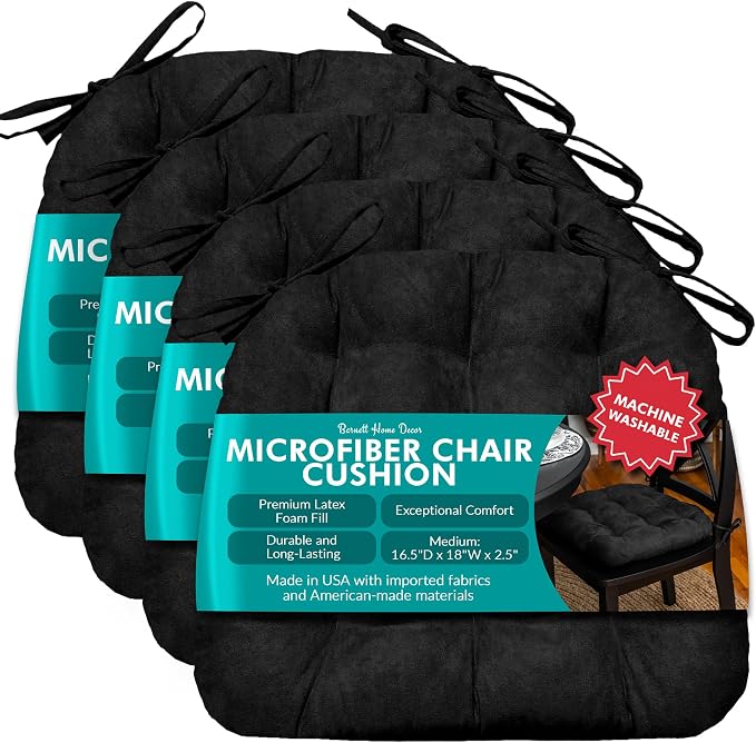 Barnett Home Decor Chair Cushions for Dining Chairs - 15x17 Kitchen Chair Cushions - Machine Washable, Made in USA - Latex Foam Comfort Chair Pads - Microsuede Black Small Pack of 4 by BarnettHomeDecor