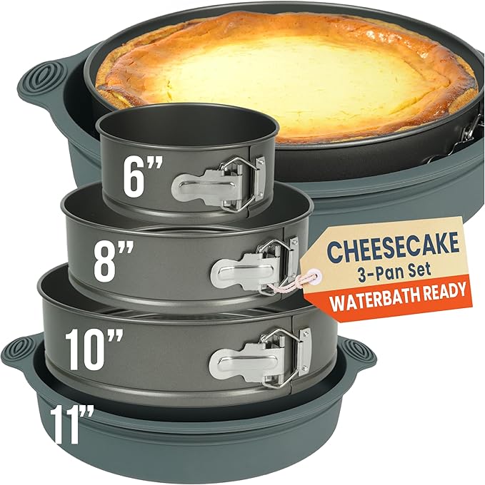 Cheese Cake Pans for Baking, NON-STICK Springform Pan Set & SILICONE SLEEVE | 6, 8, 10 in, NO LEAKS IN WATER BATH - Sturdy Silicon Protector for FOIL-FREE Cheesecake Baking, Durable Carbon Steel 0.4 mm by PetitsDesserts