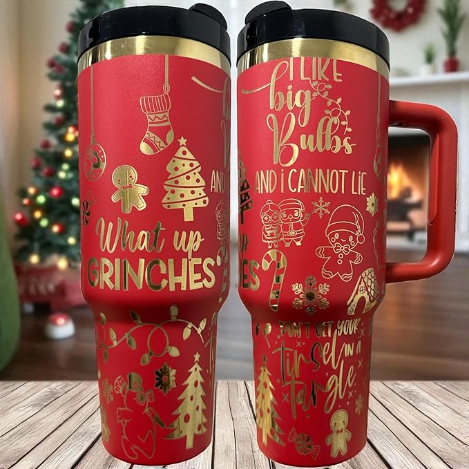 Tumbler, 40oz Tumbler, Western Tumbler, Engraved Cup with Handle, Cute Coffee Mug, 40oz Coffee Mug (40oz Red/Gold(24)-Funny christmas(G7))