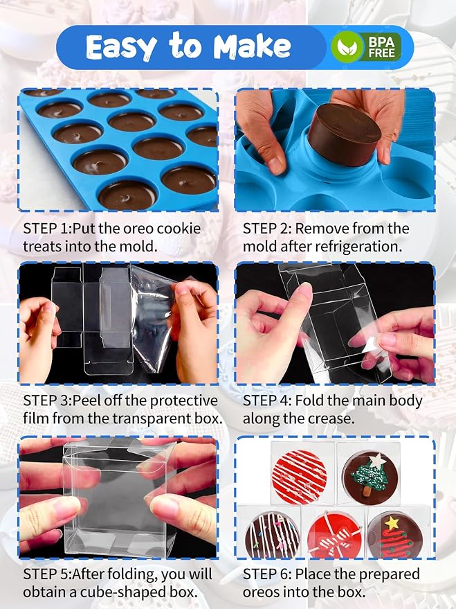 3 Pcs Round Chocolate Cookie Molds Set,12-Cavity Silicone Mold with 30 Clear Treat Boxes, Round Baking Mold for Candy, Mini Cake, Individually Wrapped Cakesicle Party Favor Packaging - Image 5